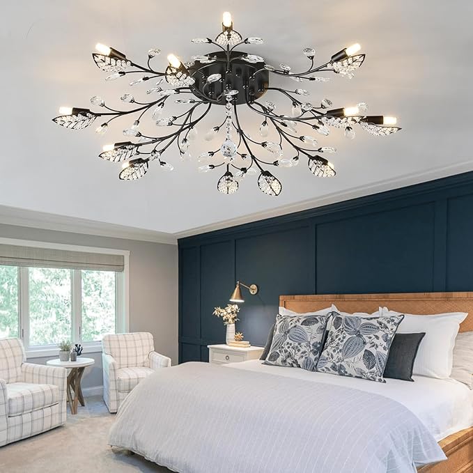 Modern Crystal Ceiling Light Fixture,Semi Flush Mount Chandeliers,Crystal Leaf Ceiling Light, Chandeliers for Dining Room,Living Room,Bedroom