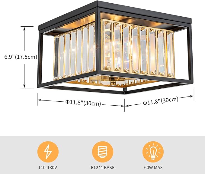 LumFurn 4-Lights Crystal Ceiling Light, 2-Tier Square Flushmount Light Fixture for Living Room, Foyer, Bedroom, L12 x W12 x H7, Brass & Gold Finish