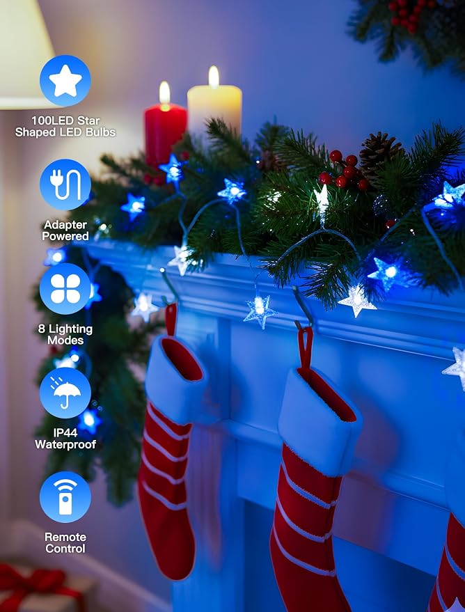 Star String Lights Plug in,39ft 100LED Fairy Lights with Remote, Hanging Star Decorations Lights Waterproof for Indoor Outdoor Bedroom Classroom Dorm Kids Tent Party Decor,Blue White