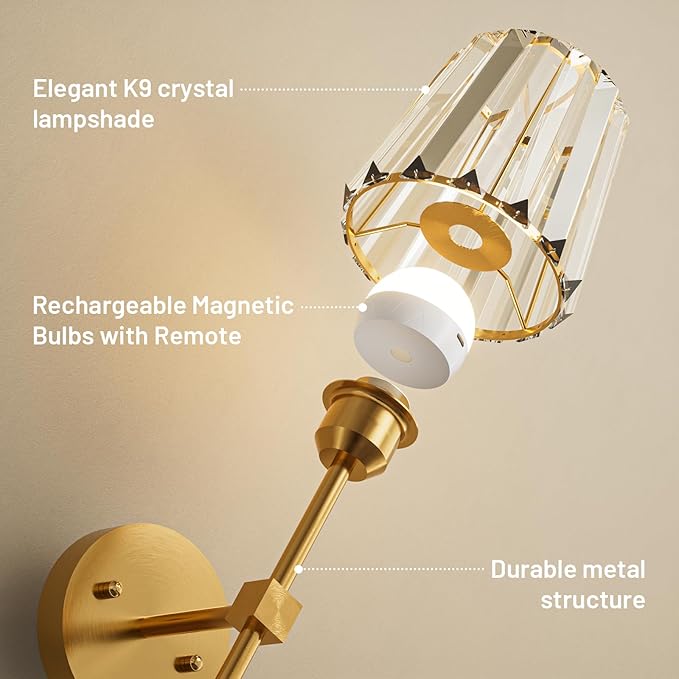 Crystal Battery Operated Wall Sconces Set of 2, Gold Rechargeable Wireless Wall Sconce Lights with Crystal Lampshade, 12 RGB and 3CCT Dimmable Wall Lamps with Remote for Bedroom Living Room Hallway
