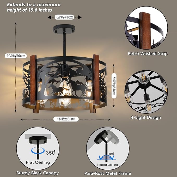 Farmhouse Rustic Horse Ceiling Light Fixtures, 4-Light Round E26 Base Black Metal Wooden Fixture for Kitchen, Living Room,Foyer, Bedroom, Hallway-‎16.5" L* 16.5" W * 11.8" H