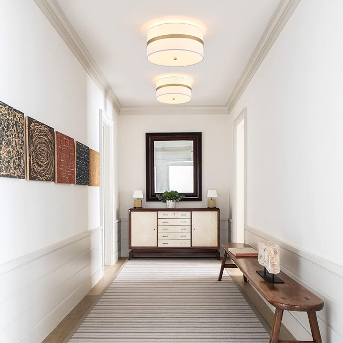 Semi Flush Mount Ceiling Light Fixture, Thin Pale Gold Brush Paint Finish Modern Ceiling Lamp with Cream White Fabric Drum Shade for Nursery Kids Room Bedroom Kitchen Hallway Entryway 3-Light
