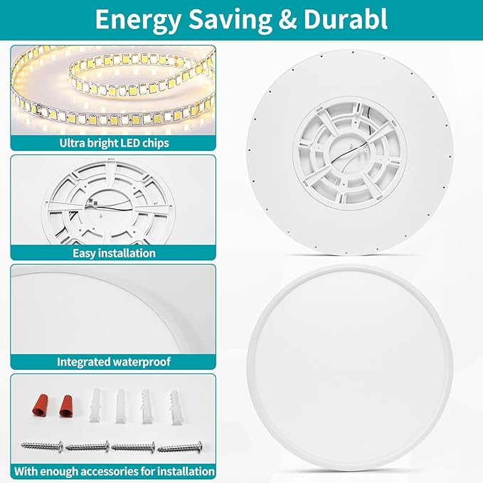 24 Inch Led Flush Mount Ceiling Light Fixture, Ultra Thin, Dimmable with Remote Control, 56W, 5600 Lumen, Modern, Round, White, for Kitchen, Dining Room, Bedroom, Living Room, Home Office