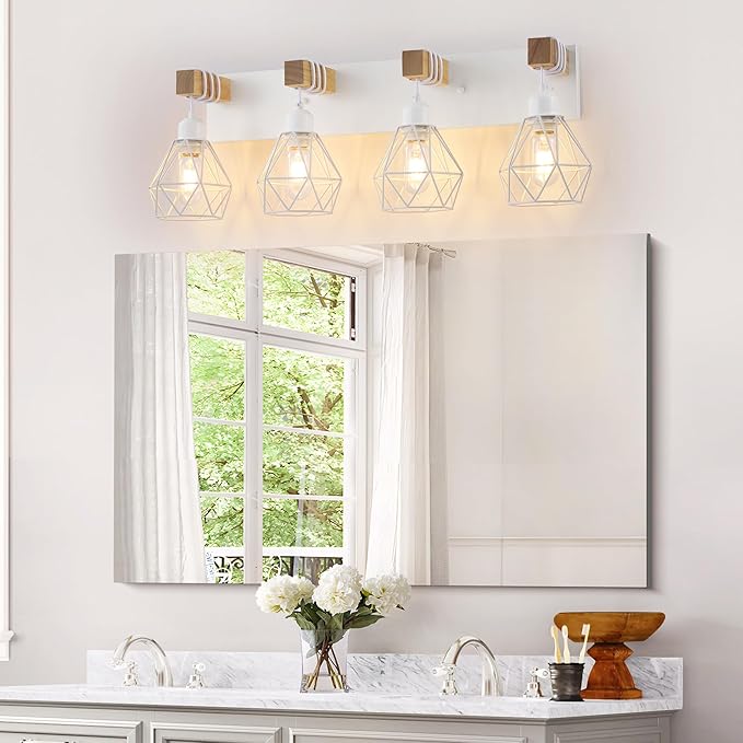 White Bathroom Vanity Light Fixtures, 4-Light Wood Bathroom Light Fixtures Over Mirror, Rustic Sconces Wall Lighting with Elegant Metal Lampshade for Living Room, Bedroom, Hallway