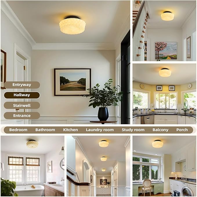 Schoolhouse Vintage Glass Ceiling Light - Small 12 Inch Cream Yellow Mid Century Modern Flush Mount Lighting Fixtures - Art Deco Lamp for Bedroom Kitchen Entryway Laundry Hallway Foyer Bathroom Hall