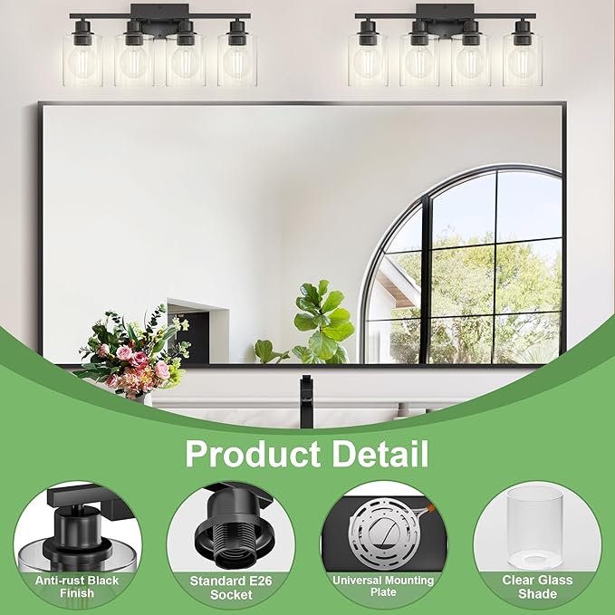 Bathroom Lights Over Mirror, 4-Light Black Vanity Light for Bathroom, 24Inches Anti-Rust Modern Wall Sconce, Standard E26 Base, Clear Glass Shades, Bulbs Not Included