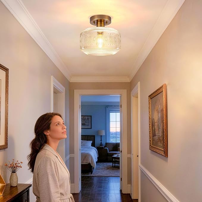 DSMJFU Semi Flush Mount Ceiling Light, Vintage Small Ceiling Light Fixture, Thickened Glass Hallway Lighting Fixture, Brass Kitchen Ceiling Mount Light for Entry Way, Bedroom, Bathroom, Porch