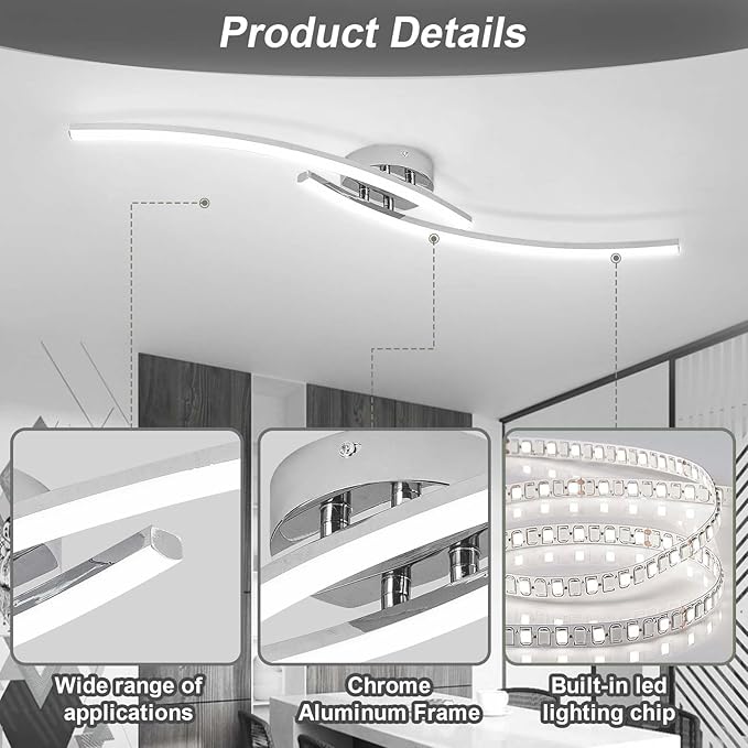 31.4Inch Modern LED Ceiling Light 22W Chrome Linear Ceiling Light Fixture 6000K Aluminum Long Flush Mount Ceiling Lights Fixture Lamp for Bedroom Hallway Kitchen Bathroom