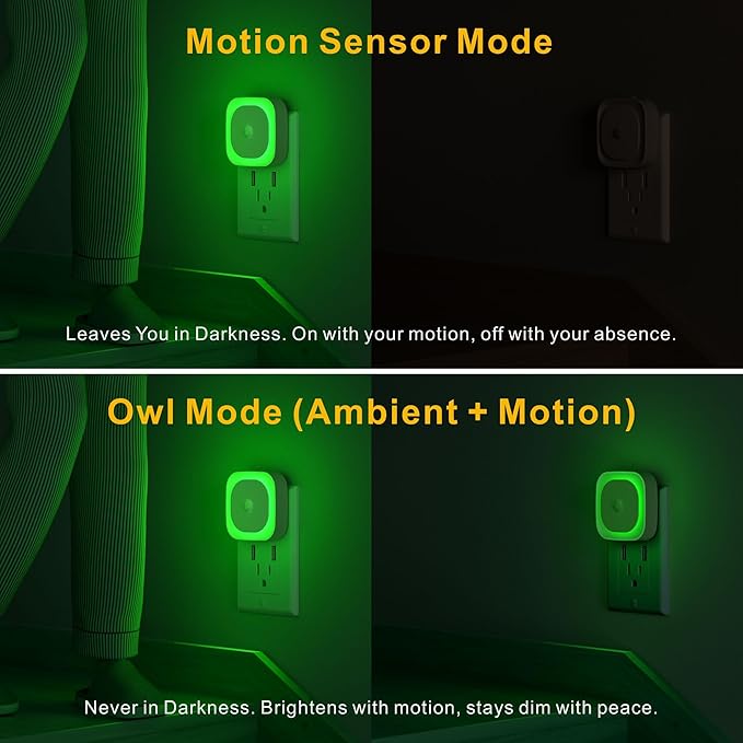 YUNLEX 2 Pack Plug in Night Light with Motion Sensor & Dusk to Dawn Sensor, 3 Sensor Modes, Auto ON/OFF, Dimmable Reflected Light, Calming Green LED for Home Office, Hallway, Bathroom, as Mother Gifts