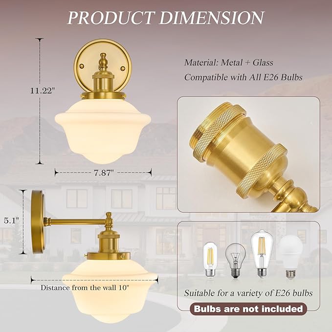 VitaLink Vintage Wall Sconces, Golden Hardwired Milk White Glass Wall Sconce Lighting Fixtures Vanity Light Schoolhouse Wall Lamp for Bedroom Living Room Bathroom Hallway