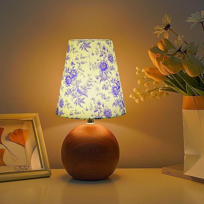 Vintage Wooden Base Fabric Table Lamp, Adjustable Light Color and Brightness with Power-Off Memory, Safe USB Powered, Retro Style LED Light for Bedroom Living Room Office (Blue Flowers)