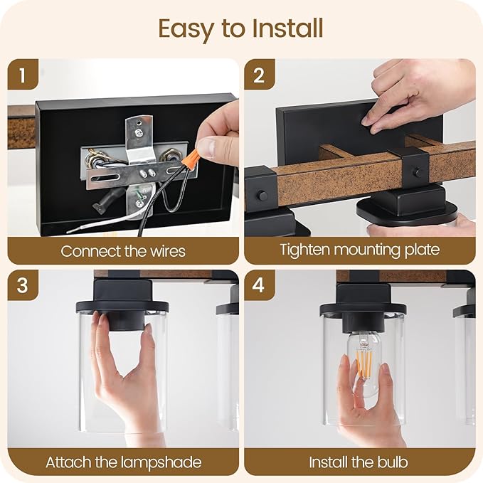 5-Light Bathroom Light Fixtures, Farmhouse Vanity Lights for Bathroom with Glass Square Shade, Rustic Vanity Lights, Sconce Wall Light, E26 Base (Bulbs Not Included), ETL Listed FS10BD05