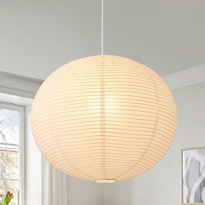 Large Rice Paper Pendant Light Kit, 23.6in White Globe Paper Lantern Lights, E26 Base, Japanese Hanging Lantern Lamp Japandi Chandelier for Dining Room Bedroom Office Living Room