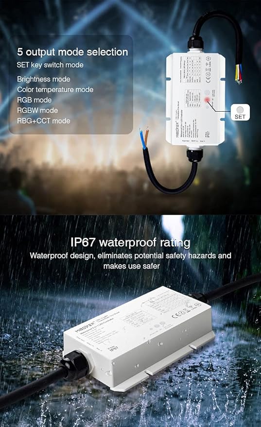 LGIDTECH LS2-WP LED Strip Lights 5 in 1 Controller,IP67 Waterproof,Compatible with Single Color,RGB,RGBW,WW+CW Dual White Temperature,RGB+CCT LED Strip Lights