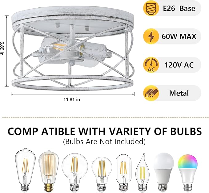 2-Light Flush Mount Ceiling Light Fixture, Industrial Modern White Ceiling Lamp, Vintage Farmhouse Light Fixture for Hallway, Bedroom, Dining Room, Living Room, Kitchen, Entryway