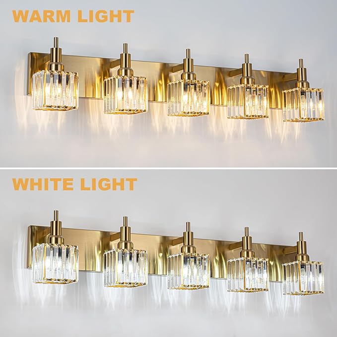 Gold Bathroom Vanity Lights, 5 Lights Crystal Bathroom Lighting Fixtures Over Mirror Modern Gold Crystal Wall Light