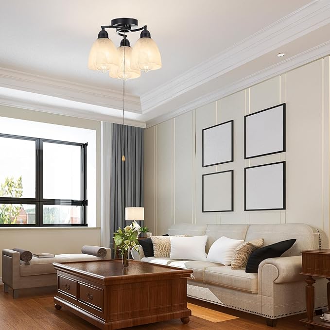3-Light Flush Mount Ceiling Light with Pull Chain, Modern Black Lighting Fixtures with Alabaster Glass for Kitchen Island Dining Room Bedroom Farmhouse Foyer Hallway