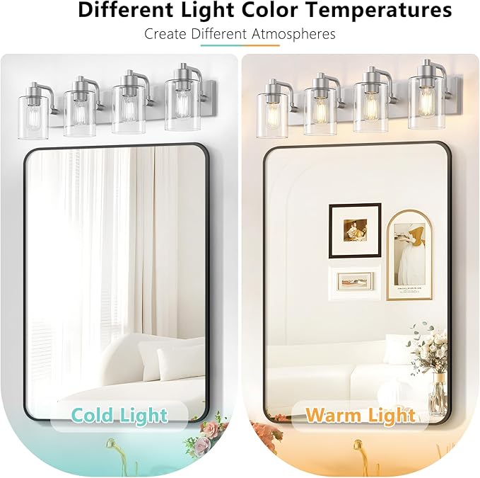 Dpyrrhic Brushed Nickel Bathroom Light Fixtures, Wall Mounted 4-Light Bathroom Lights Over Mirror with Clear Glass Shade,Wall Sconces for Kitchen Living Room Bedroom