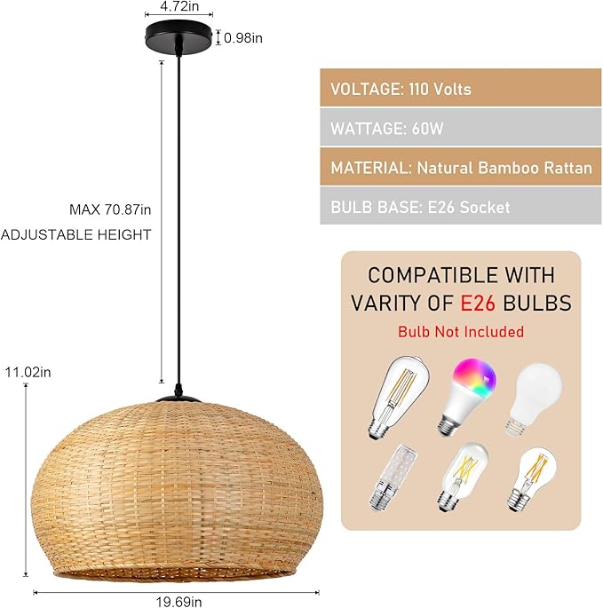 18.93in Bamboo Pendant Lights Wicker Light Hand-Woven Rattan Light Fixture Boho Coastal Ceiling Chandelier Lighting for Beach Kitchen Island Restaurant Hallway Dining Room Bedroom