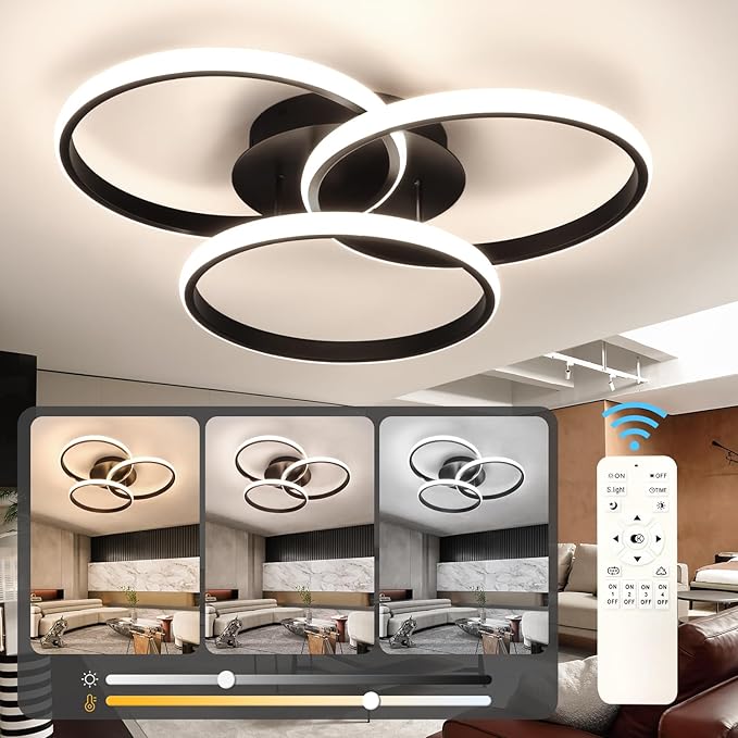 Modern Led Ceiling Light Fixtures with Remote Control, Dimmable Flush Mount Ceiling Light for Bedroom, Living Room, Dining Room, Kitchen (Black, 3000K-6500K)