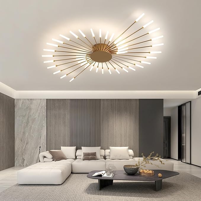 JAYMP 50.4" Ceiling Light Modern Flower Shape Ceiling Lamp for Living Room Dining Room Flush Mount Metal Acrylic Sputnik Firework Petal LED Lighting Fixture (Matte Gold, 42 Lights)