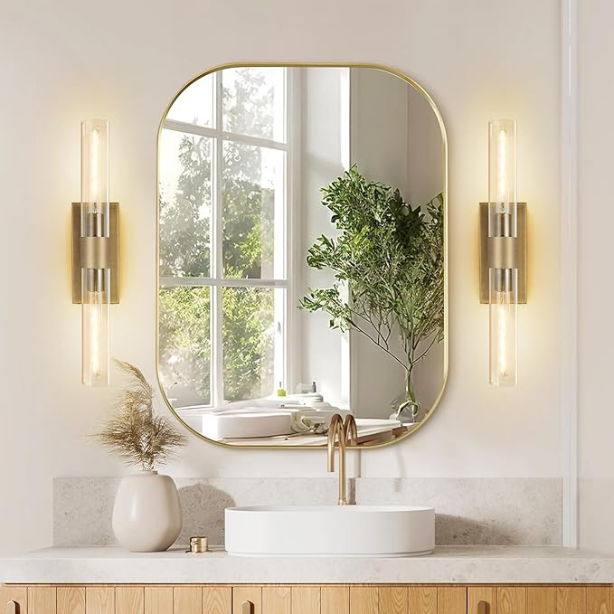 Brass Bathroom Vanity Wall Sconces, 2-Light Glass Tube Wall Sconces, 22.8” Horizontal or Vertical Linear Wall Sconces, Gold Vanity Light, Indoor Wall Sconces, E26 Bulb Included