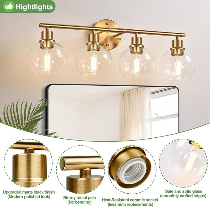 Indoi 4-Light Bathroom Light Fixtures,Gold Modern Vanity Lights Over Mirror with Clear Glass Globe Shade, Bathroom Wall Sconces for Mirror Kitchen Living Room Hallway Cabinet Bedroom Porch