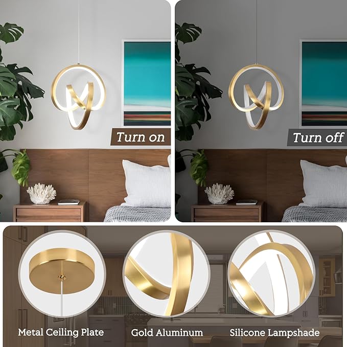 3000~6000K Modern Pendant Light Fixtures, LED Pendant Lights Kitchen Island Lighting Adjustable Height Gold Hanging Lights for Dining Room Kitchen Bedroom, 1Pack