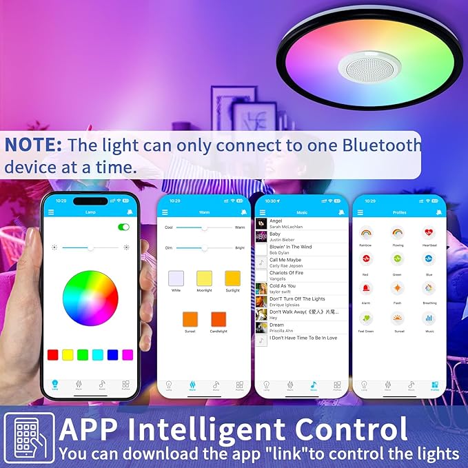 RGB LED Ceiling Light, with Bluetooth Speaker, 24W 11Inch Smart Music Ceiling Lamp with App and Remote Control, 3000K-6500K Color Changing Lights Fixture for Child Bedroom Bathroom, Black