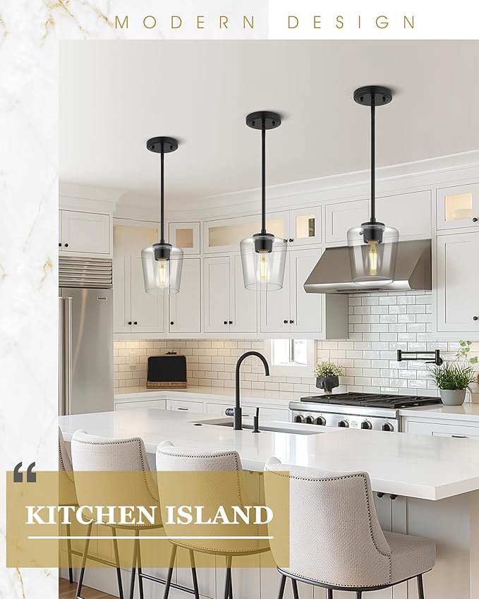 Pendant Lights Kitchen Island 2 Pack, 6" Matte Black Hanging Lights Fixtures with Clear Glass Shade, Modern Kitchen Pendant Lighting Over Island for Dining Room, AD-22004-1P2-BK-C