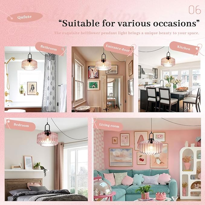 Modern Plug in Pendant Light Fixture Large Glass Hanging Lamp Pink Globe Shade Hanging Light Plug in Cord Mid Century Modern Pendant Lighting with 14.7 ft Cord for Kitchen Living Room