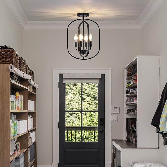 Black Flush Mount Ceiling Light, 4-Light Semi Flush Mount Ceiling Lights Kitchen Lighting Fixtures Industrial Modern Farmhouse Chandelier for Dining Room Foyer Hallway Entryway