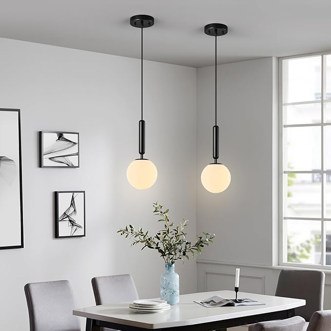 Modern Hanging Light Fixture Pendant Lighting for Kitchen Island Mid Century Black Pendant Lights with Globe Milky White Glass Pendant Light for Bedroom Bathroom Entryway (1 Pack)