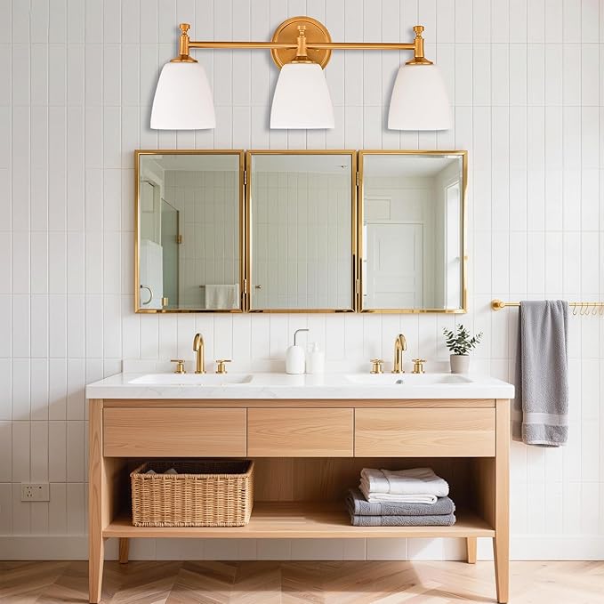 Vintage Bathroom Vanity Light Fixture, 3-Light Bathroom Lighting Fixtures Over Mirror, Antique Brass Finish with Frosted Milk Glass Shade, Wall Sconces Lighting for Bedroom, Living Room, Hallway, Sink