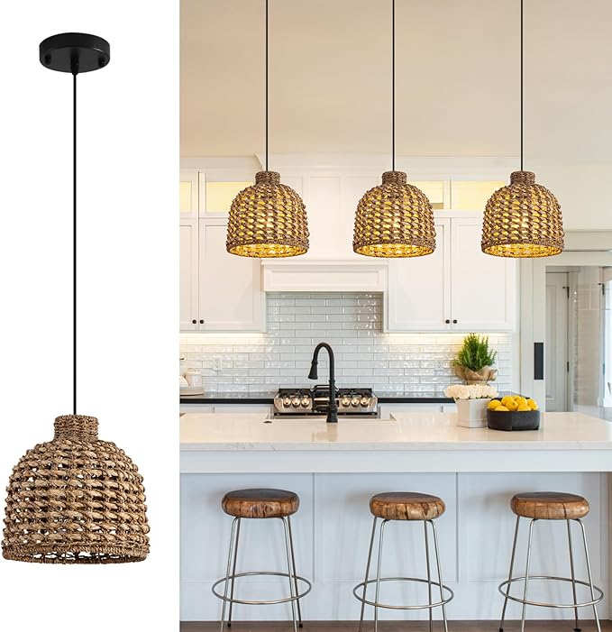 Mini Rattan Pendant Light Fixtures,9.06" Boho Pendant Light,3-Pack Hand Woven Seagrass Rattan Chandelier for Dining Living Bedroom Kitchen Farmhouse