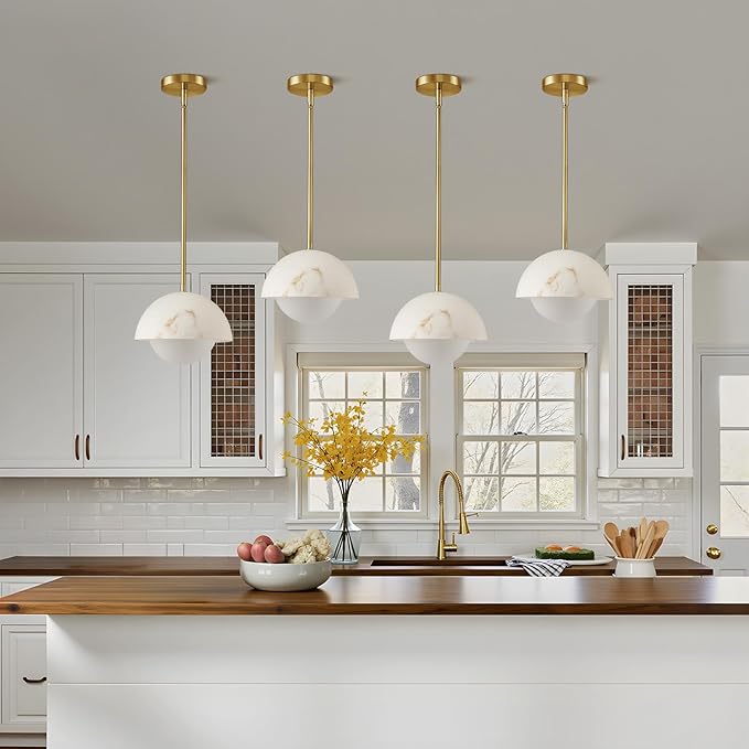 Modern Pendant Light Fixtures: 10 Inch Resin Shade Mid Century Chandelier with Milk Glass Globe - Adjustable Gold Pendant Lighting for Kitchen Island 3 Packs
