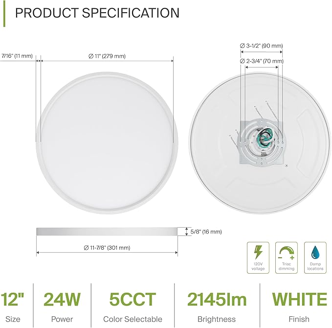 ASD LED 12" Round Flush Mount Ceiling Light Fixture, Low Profile Surface Lighting | 5CCT, Dimmable, Ultra-Thin, ETL Listed | 24W 1900LM 2700-6000K 120V | Kitchen, Hallway Lamp | White, 12 Pack