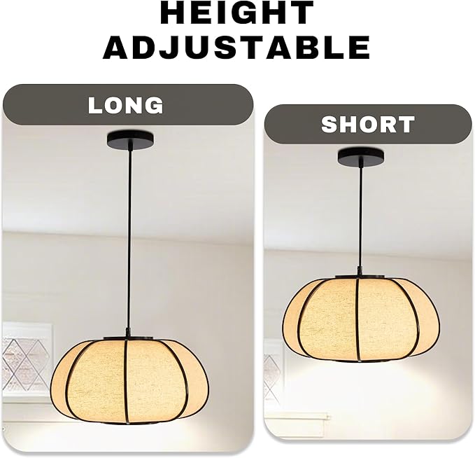 15" Bamboo Pumpkin Pendant Light, Adjustable 71" Hanging Lamp with Boho Japandi Fabric Shade, Ceiling Light for Dining Room, Kitchen, Bedroom, E26 Base (Black Color)
