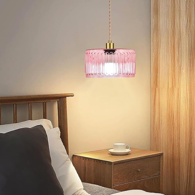 QIYIZM Pink Plug in Pendant Light Glass Hanging Lights with Plug in Cord Boho Hanging Lamp Gold Mid Century Modern Vintage Dimmable Flower Plug in Chandelier Ceiling Fixture for Living Room,Bedroom