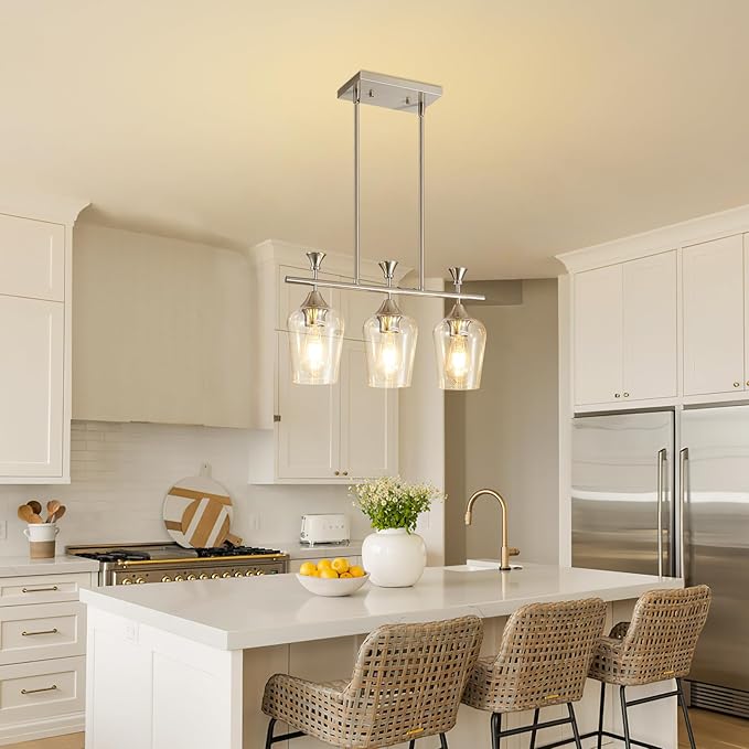 21.2" Dining Room Light Fixture/Chandelier Over Table, 3-Light Brushed Nickel Kitchen Island Lighting with Clear Glass Shade, Modern Hanging Pendant Lights Fixture for Kitchen Island, Dining Room, Bar