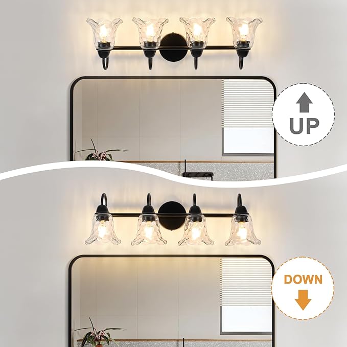 Bathroom Light Fixtures over Mirror, 4 Lights Vintage Wall Sconces with Hammered Glass Shade, 26.8" Matte Black Farmhouse Bathroom Wall Light Fixtures for Bedroom, Porch, Hotel, Mirror Cabinet