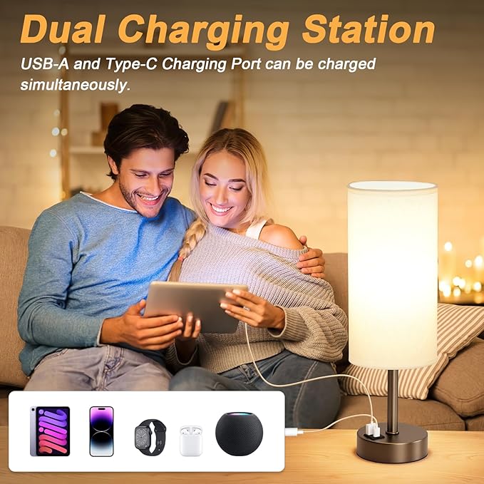 Dicoool Bedside Touch Table Lamps for Bedroom Nightstand with USB-C USB-A Charging Ports, White & Brown 3 Way Dimmable Small Desk Lamp for Office, Living Room, Reading, Dorm