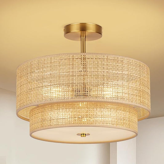 16'' Semi Flush Mount Ceiling Light Fixture, Boho Rattan Ceiling Light with 2-Tier Drum Shade, 3-Light Gold Metal Frame, Farmhouse Chandelier, Bedroom Living Room Nursery