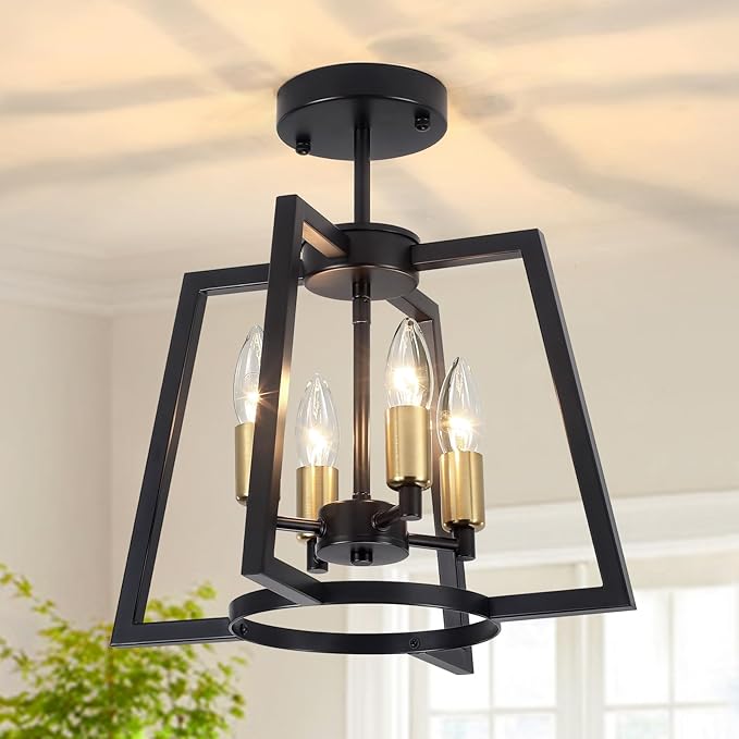 TOULMJ 4-Light Semi Flush Mount Ceiling Light, 14.56" Farmhouse Black Gold Ceiling Light Fixture for Kitchen Island Foyer Hallway Entryway Dining Laundry Room