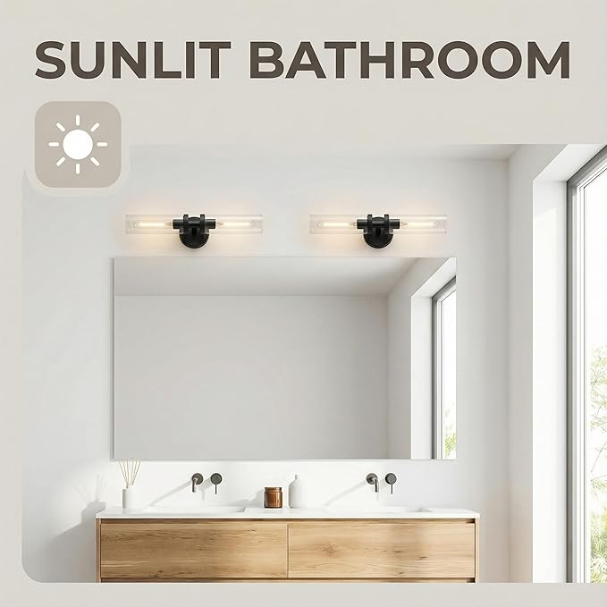 Wall Sconces Set of 2, Hardwired Bathroom Light Fixtures, Modern Bathroom Vanity Wall Lighting with Clear Glass Shade, Farmhouse Wall Sconce for Mirror Bedroom Hallway, Matte Black, E26 Base