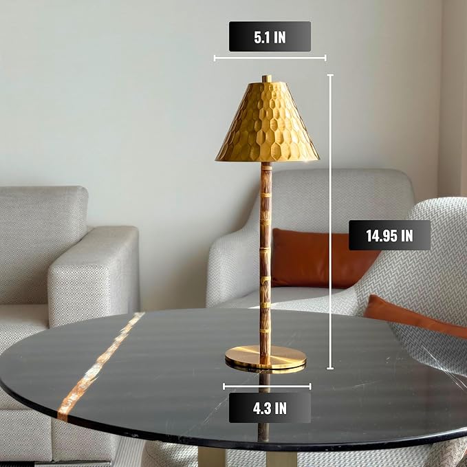 Bamboo Cordless LED Table Lamp – Rechargeable 24-Hour Battery, Dimmable Warm Light, 15" Portable Wireless Lamp with Remote for Indoor/Outdoor Use, Home, Patio, Restaurant – Textured Gold