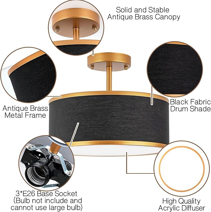 Bargeni Semi Flush Mount Ceiling Light,12.5 inch Ceiling Light Fixture,Gold Flush Mount Light Fixture with Black Fabric Drum Shade,Light Fixtures Ceiling Mount for Bedroom,Living Room,Hallway