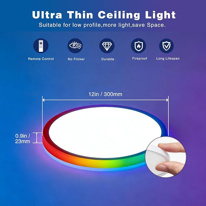Led Ceiling Light 12 Inch - Flush Mount Ceiling Light for Bedroom Living Room, RGB Rear Color, White, 1-Pack