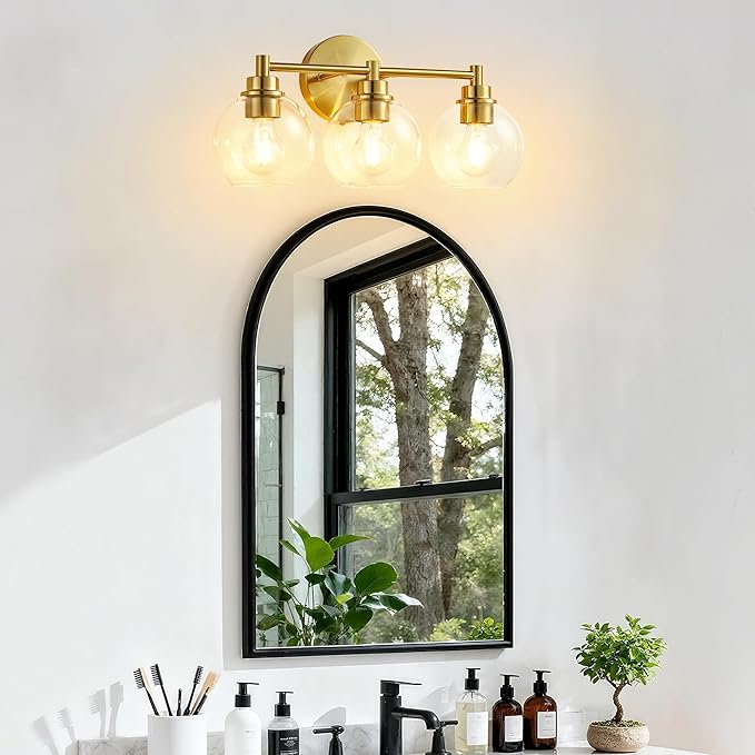 Gold Bathroom Vanity Lights, 3-Light Wall Sconce with Glass Globe Shade, Vanity Lighting for Bathroom/Bedroom/Dressing Room, Vertical/Horizontal Mounted, E26 Bulb Base (Bulb Not Included)