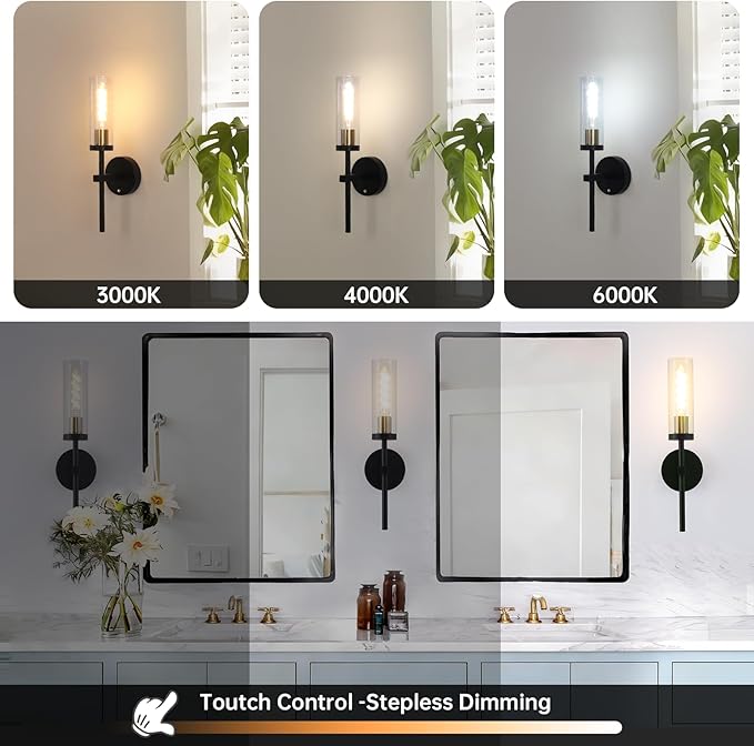 Shenmoyl Battery Operated Wall Sconces Set of 2, Black & Gold Rechargeable Wall Lighting Fixtures, Dimmable Wall Lights with Remote & Clear Glass Shade for Living Room, Bathroom,Bedroom